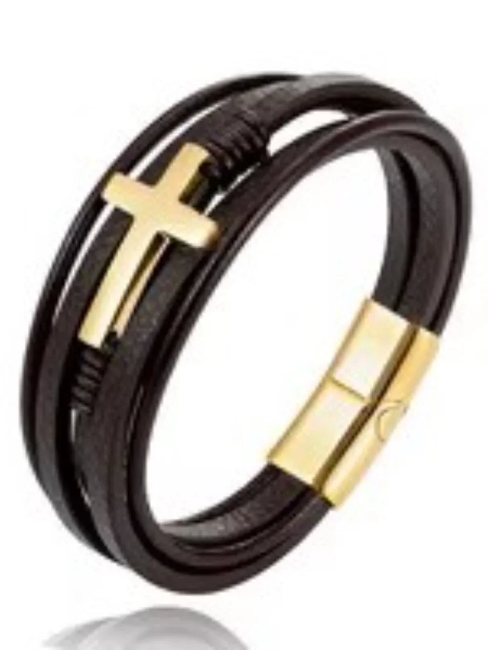 Men's Gold Cross w/ Brown Bracelet Christian Faith Religious Jesus Wristband